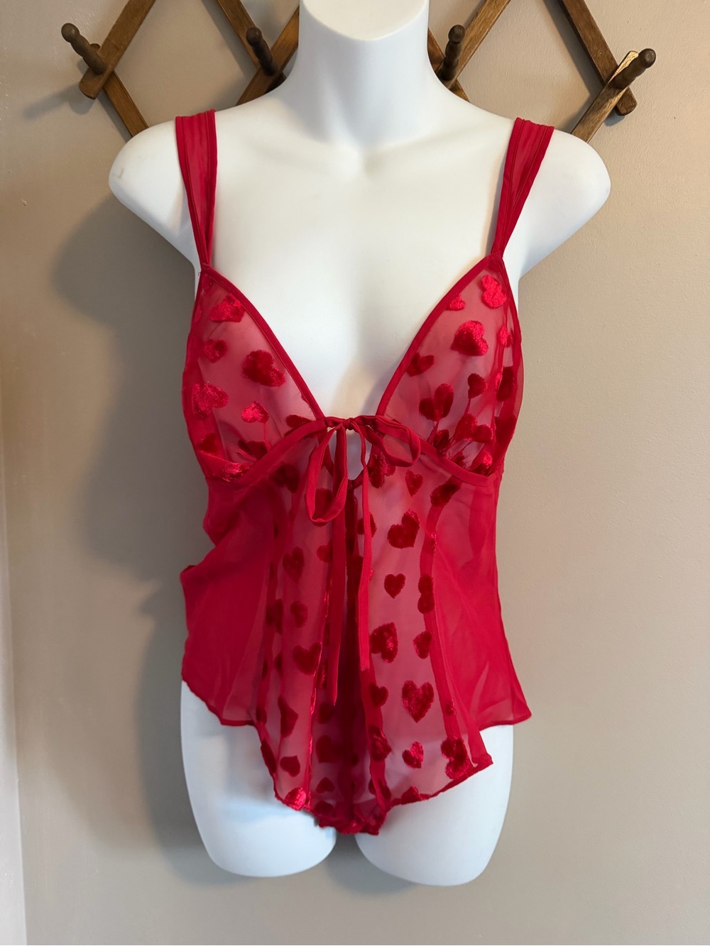 Silk & Satin Vintage Red Heart Burnout Velvet Lingerie Teddy M